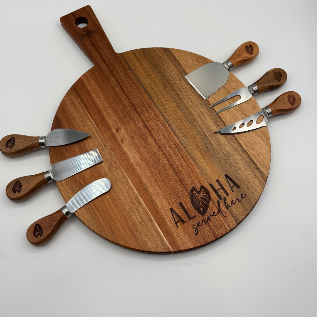 Charcuterie Set (Round)- 15.75” x 11.75” - “Aloha Served Here” Taro