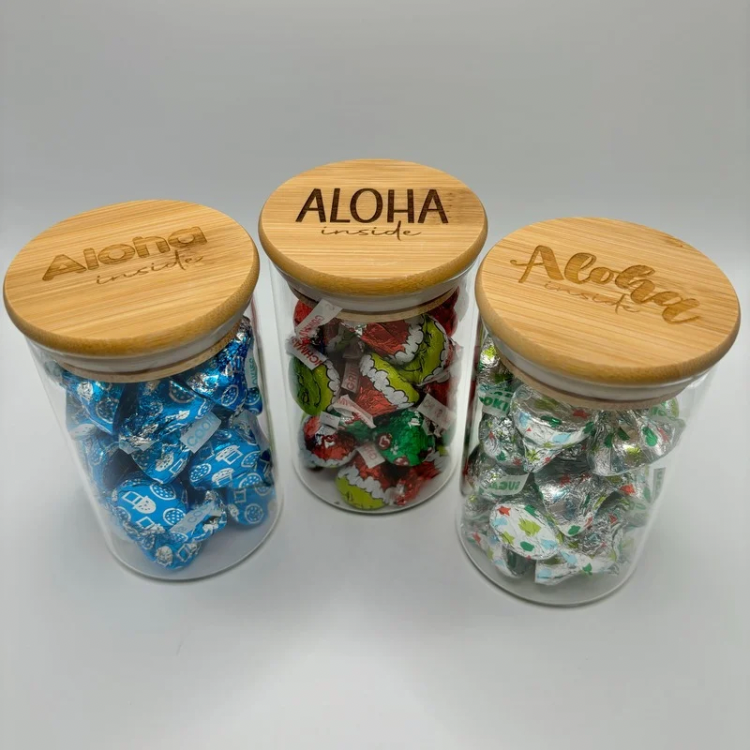 Glass Round Jar with Bamboo Lid (9 oz) - “Aloha Inside”