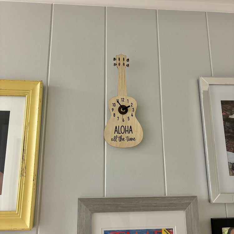 Wood Clock - Ukulele (light stain) - “ALOHA all the time”