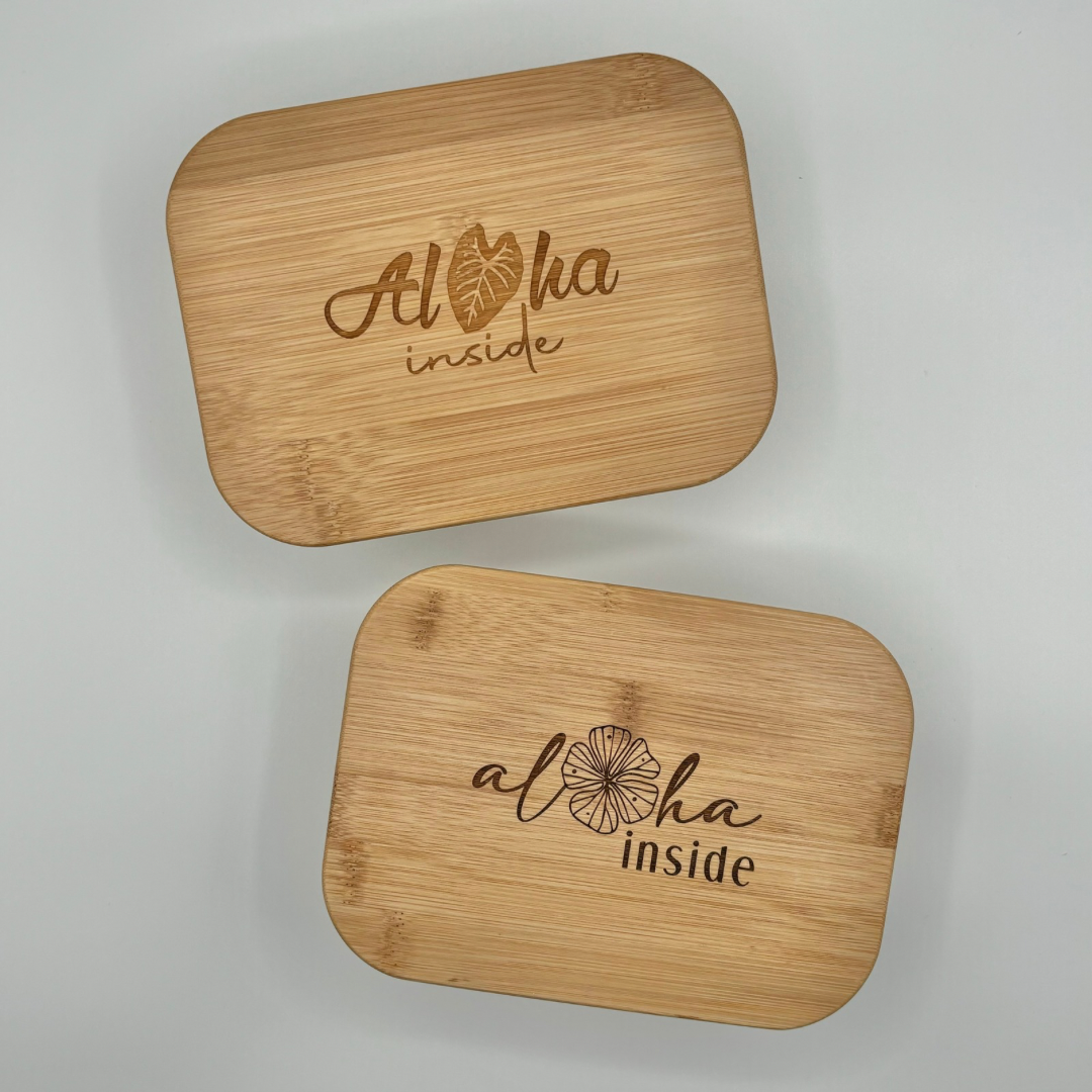 Glass Rectangle Container with Bamboo Lid (36 oz) - “Aloha Inside”, 5 Variations