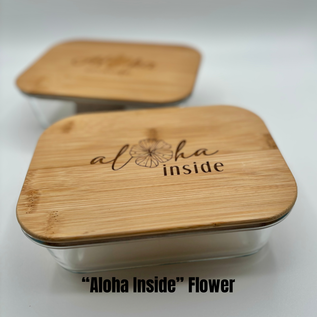 Glass Rectangle Container with Bamboo Lid (36 oz) - “Aloha Inside”, 5 Variations