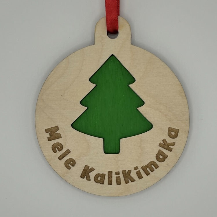 Ornament - Layered, Cutout - “Mele Kalikimaka” - Christmas Tree, Bright Green