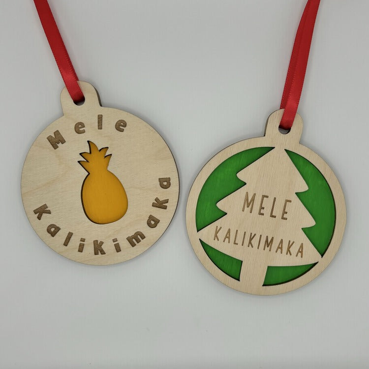 Ornament - Layered, Cutout - “Mele Kalikimaka” - Christmas Tree, Front, Large, Bright Green