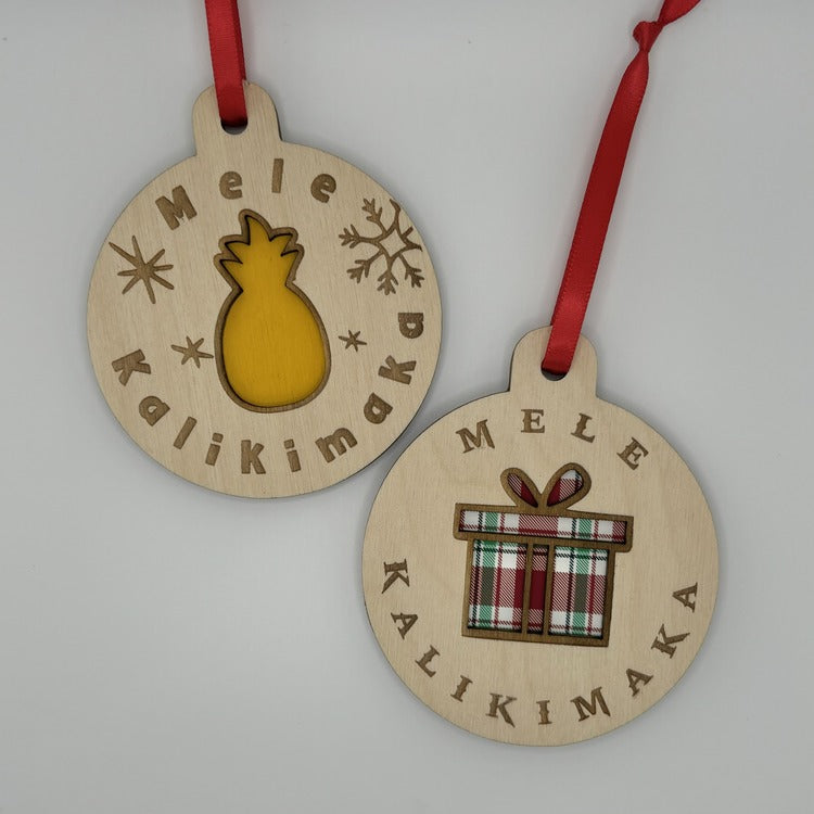 Ornament - Layered, Cutout - “Mele Kalikimaka” - Pineapple, Snowflakes, Yellow