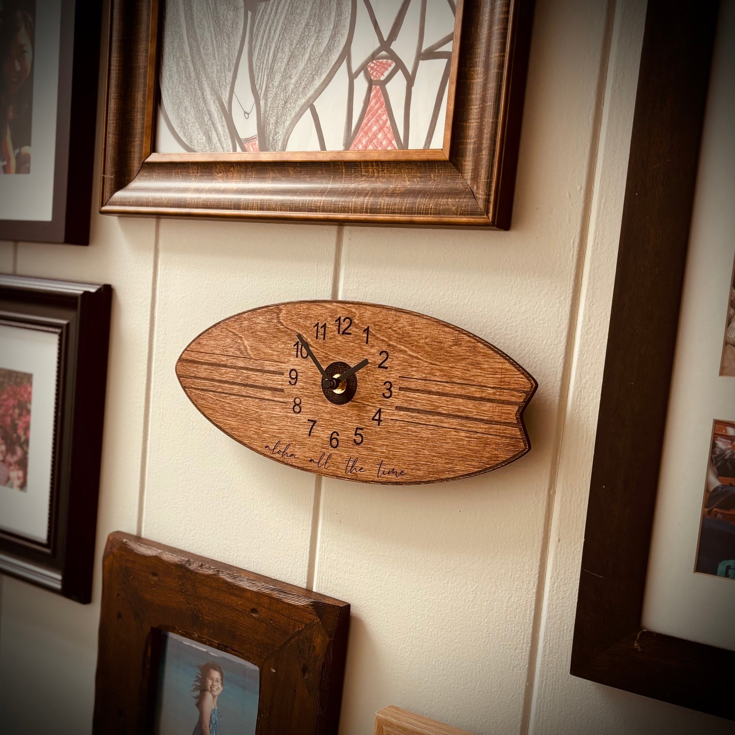 Wood Clock - Surfboard (dark stain) - “aloha all the time”