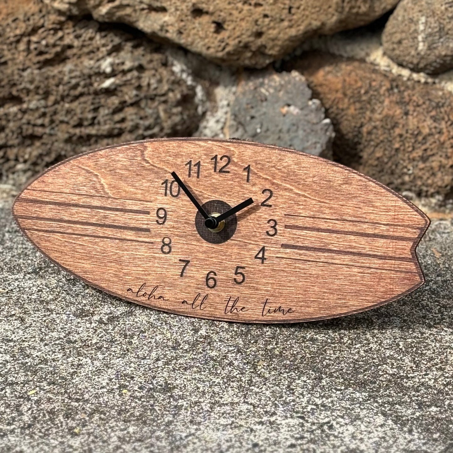 Wood Clock - Surfboard (dark stain) - “aloha all the time”