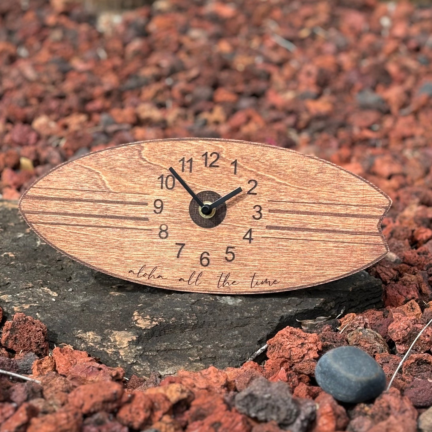 Wood Clock - Surfboard (dark stain) - “aloha all the time”