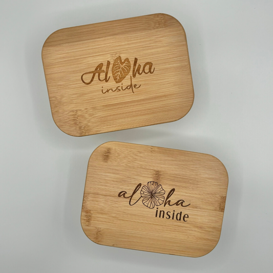 Glass Rectangle Container with Bamboo Lid (36 oz) - “Aloha Inside”, 5 Variations