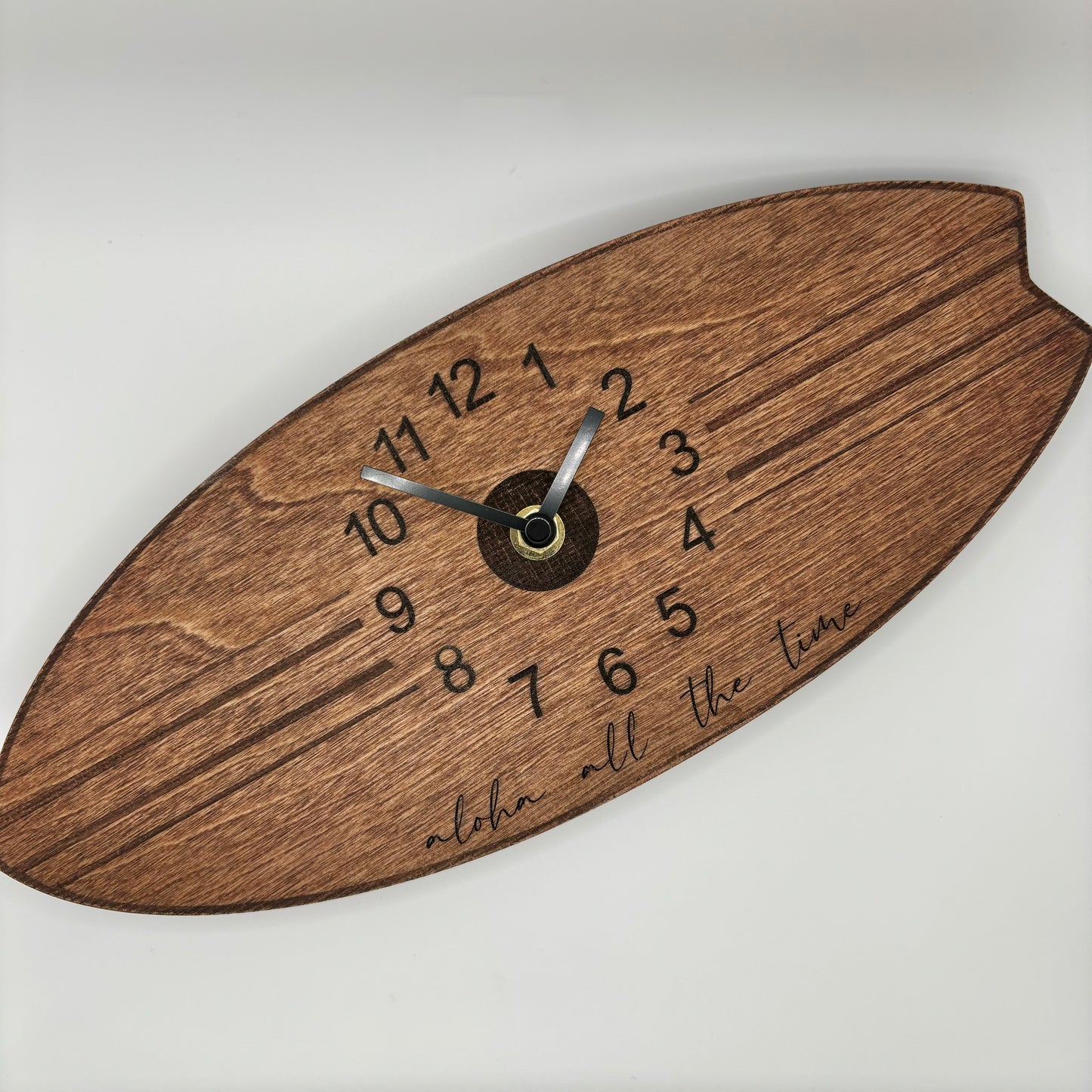 Wood Clock - Surfboard (dark stain) - “aloha all the time”