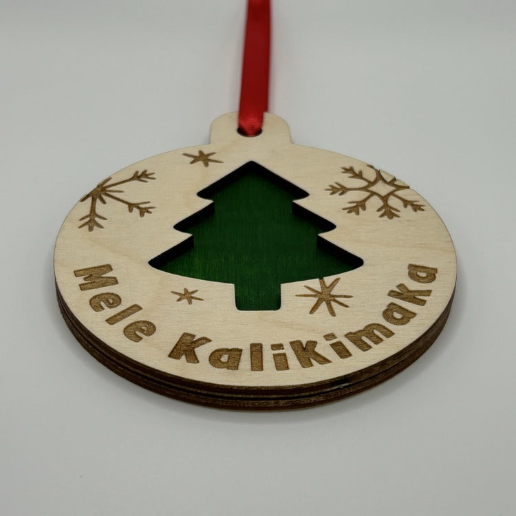 Ornament - Layered, Cutout - “Mele Kalikimaka” - Christmas Tree, Snowflakes, Dark Green