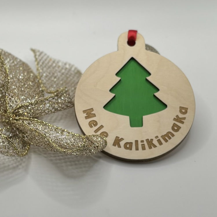 Ornament - Layered, Cutout - “Mele Kalikimaka” - Christmas Tree, Bright Green