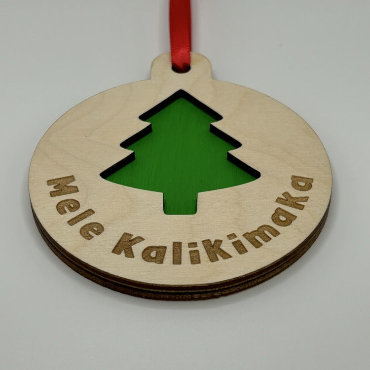 Ornament - Layered, Cutout - “Mele Kalikimaka” - Christmas Tree, Bright Green