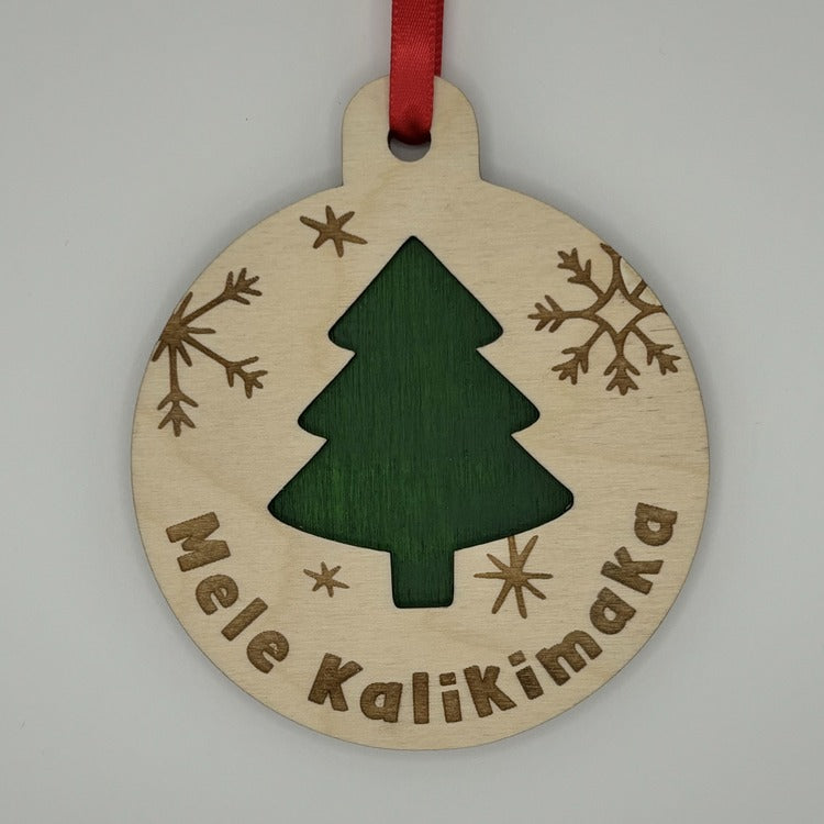 Ornament - Layered, Cutout - “Mele Kalikimaka” - Christmas Tree, Snowflakes, Dark Green