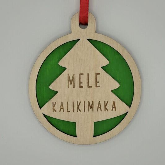 Ornament - Layered, Cutout - “Mele Kalikimaka” - Christmas Tree, Front, Large, Bright Green