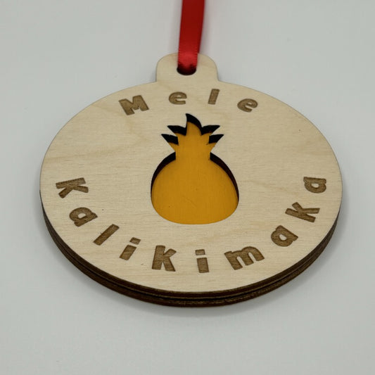 Ornament - Layered, Cutout - “Mele Kalikimaka” - Pineapple, Yellow