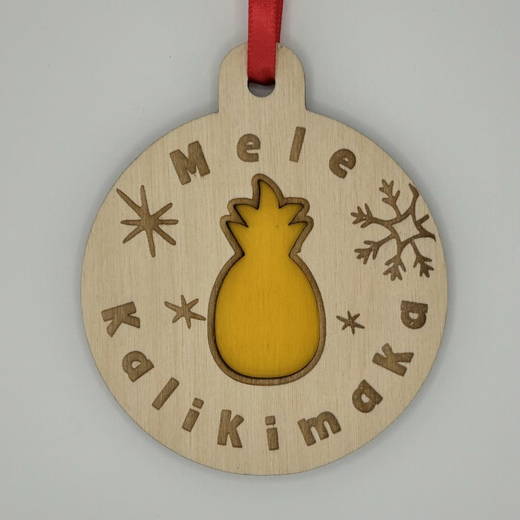 Ornament - Layered, Cutout - “Mele Kalikimaka” - Pineapple, Snowflakes, Yellow