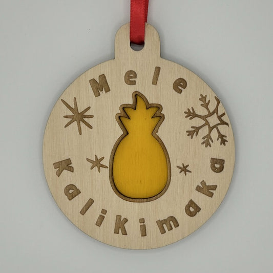 Ornament - Layered, Cutout - “Mele Kalikimaka” - Pineapple, Snowflakes, Yellow