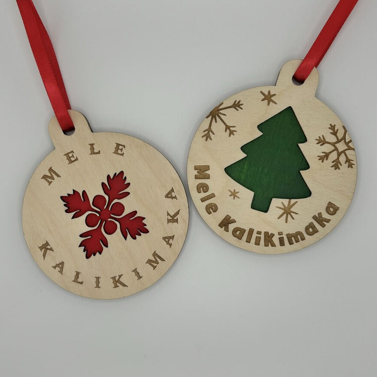 Ornament - Layered, Cutout - “Mele Kalikimaka” - Christmas Tree, Snowflakes, Dark Green