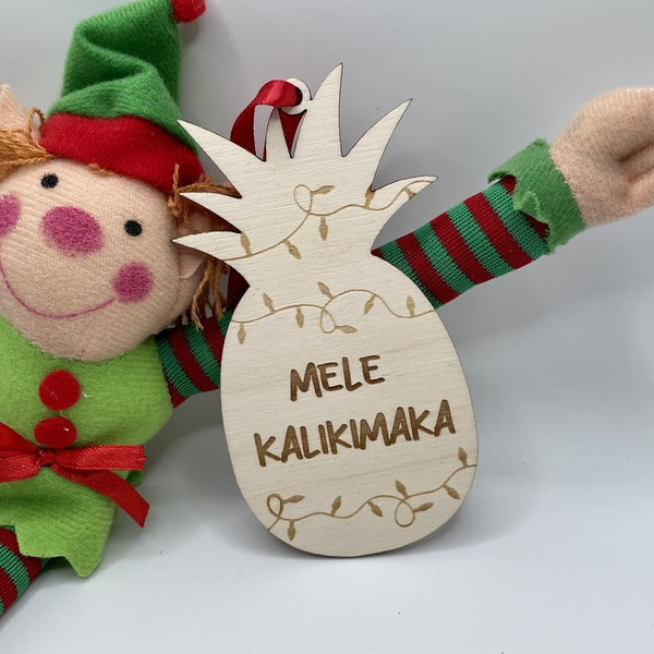 Ornament - “Mele Kalikimaka” in Pineapple with String Lights