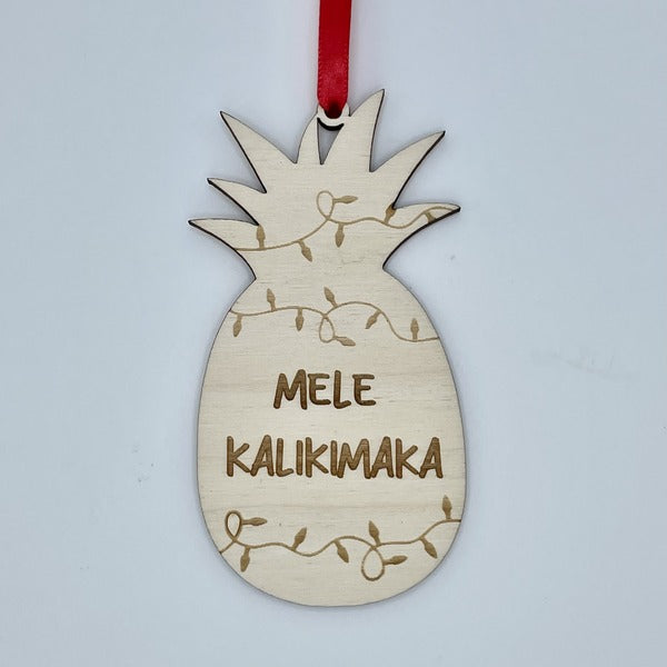 Ornament - “Mele Kalikimaka” in Pineapple with String Lights