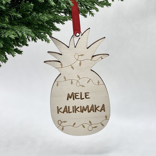 Ornament - “Mele Kalikimaka” in Pineapple with String Lights